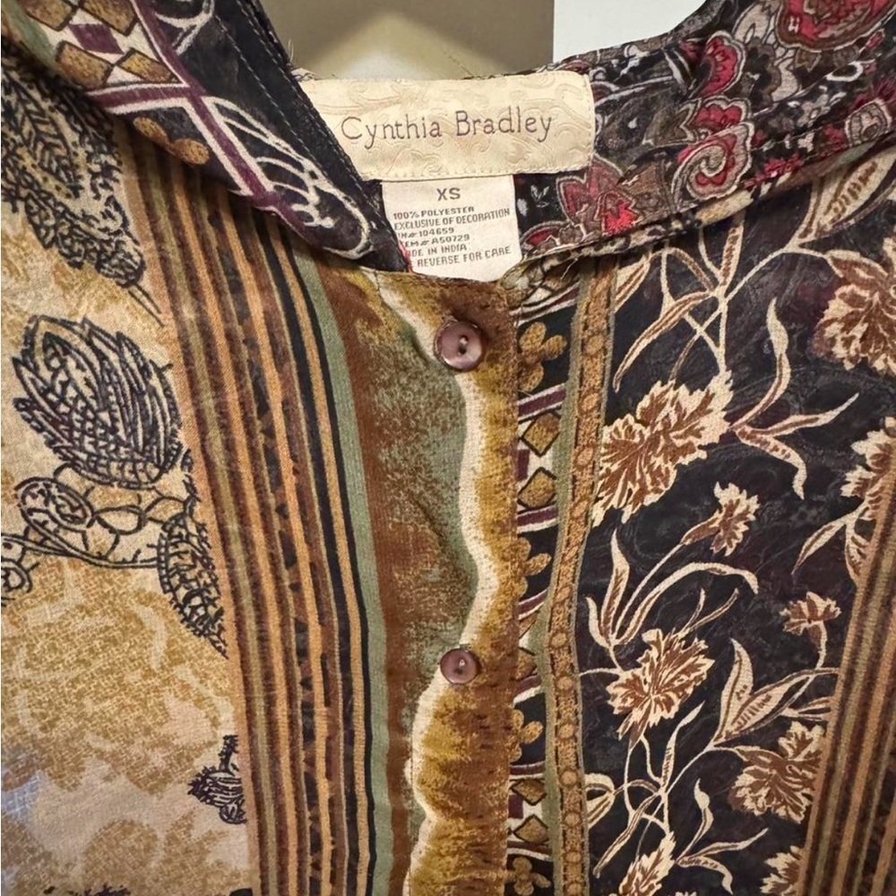 Cynthia Bradley brown floral Paisley button front hooded cardigan reversible - Picture 7 of 8